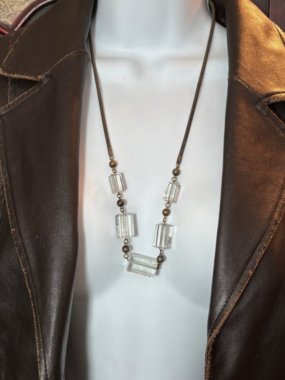 Vintage Crystal & Brass Bead Necklace With Mesh Chain 25" Long Art Deco
